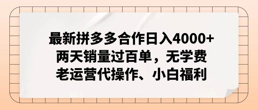 最新拼多多合作日入4000+两天销量过百单，无学费、老运营代操作、小白福利-博学库