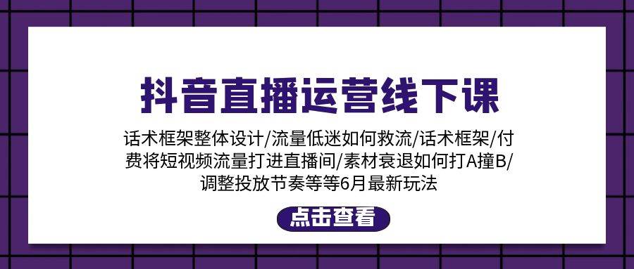 抖音直播运营线下课：话术框架/付费流量直播间/素材A撞B/等6月新玩法-博学库