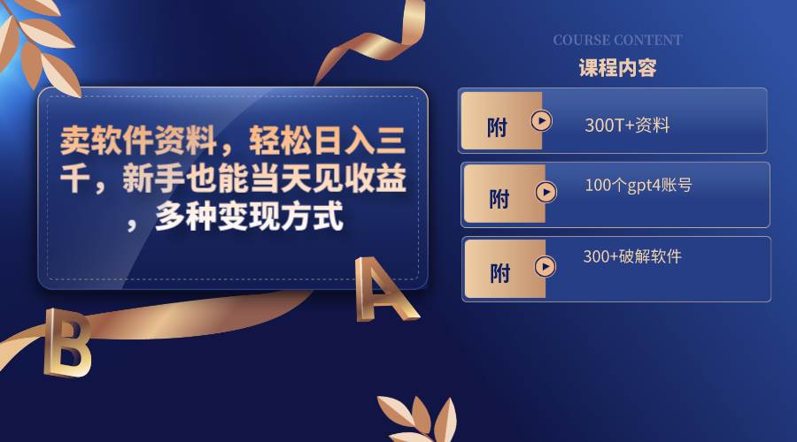 卖软件资料，轻松日入三千，新手也能当天见收益，多种变现方式，（附300T+资料，100个gpt4账号，300+破解软件）-博学库